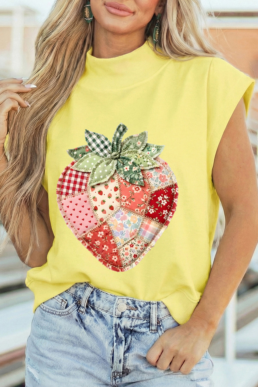 Yellow Faux Patchwork Strawberry Printed Mock Neck T-Shirt