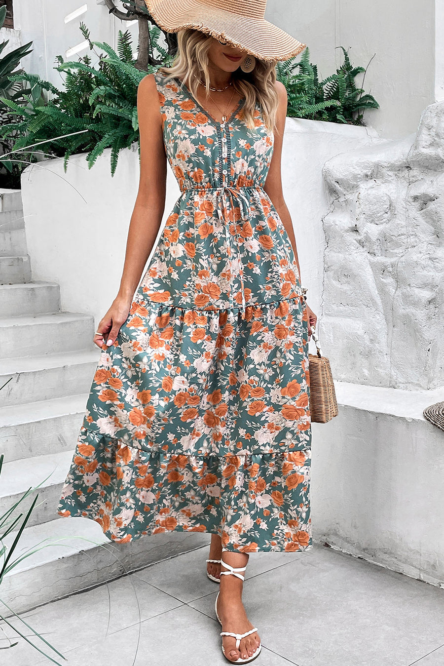 Green and Orange Floral Print V-Neck Sleeveless Midi Dress