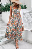 Green and Orange Floral Print V-Neck Sleeveless Midi Dress