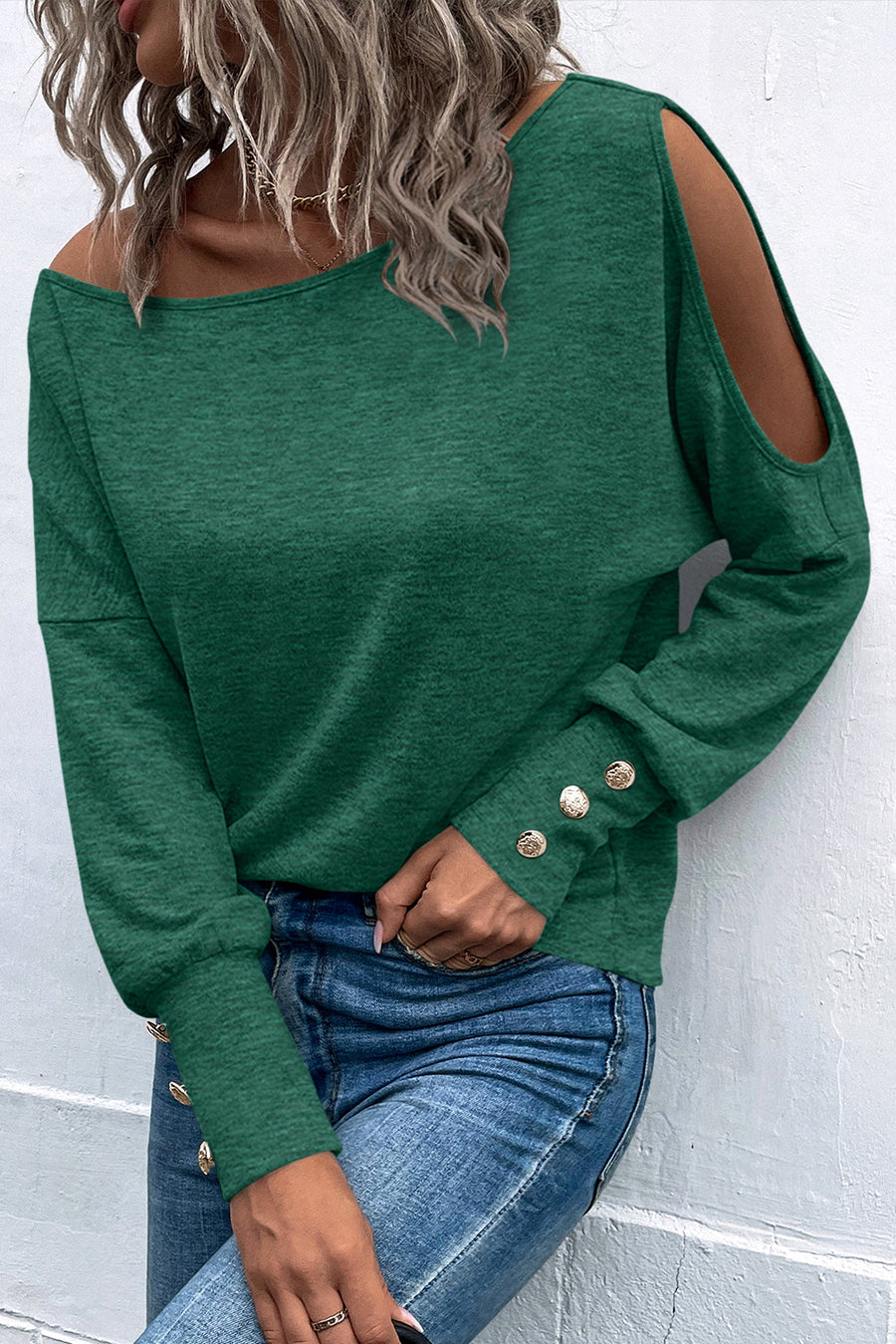 Green Boat Neck Cutout Long Sleeve Blouse with Button Detail Cuffs