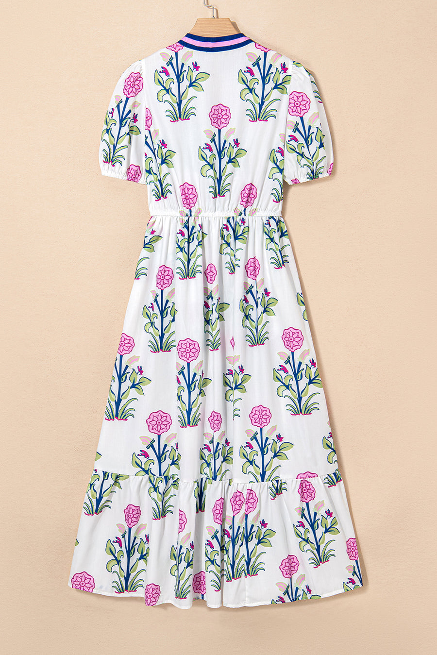 Floral Ruffle Hem Contrast Trim Neckline Midi Dress- 3 Colors