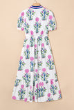 Floral Ruffle Hem Contrast Trim Neckline Midi Dress- 3 Colors