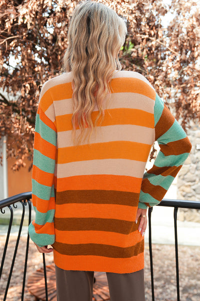 Orange Striped Colorblock High Neck Drop Shoulder Cozy Sweater