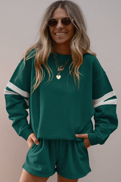 Varsity Striped Sleeve Drop Shoulder Sweatshirt and Shorts Set- 5 Colors