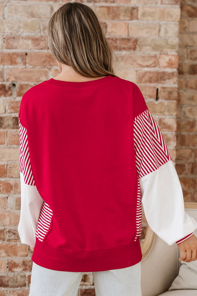 Red Sequin Hearts & Striped Color Block Patchwork Drop Shoulder Crew Neck Sweatshirt 2
