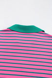 Plus Size Bright Pink and Green Stripe Collared Puff Sleeve Mini Dress with Pockets