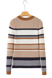 Brown Multi Striped Chevron Pattern Knit Ribbed Trim Slim Fit Sweater