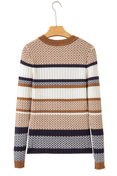 Brown Stripe Chevron Pattern Knitted Ribbed Trim Slim Fit Sweater