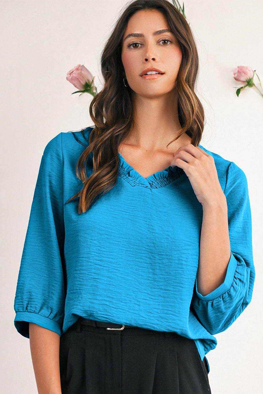 Frill V-Neck Lantern Sleeve Crinkled Blouse- 3 Colors