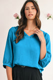 Frill V-Neck Lantern Sleeve Crinkled Blouse- 3 Colors
