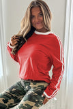 Varsity Striped Contrast Trim Crew Neck Long Sleeve T-Shirt- 3 Colors
