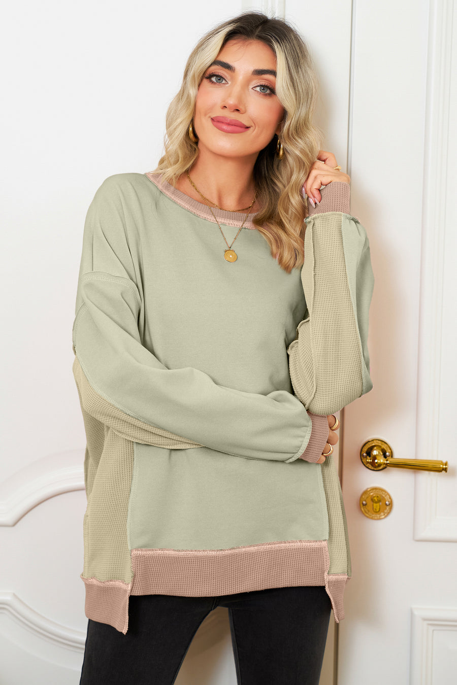Color Block Waffle Knit Patchwork Oversized Sweatshirt- 3 Colors