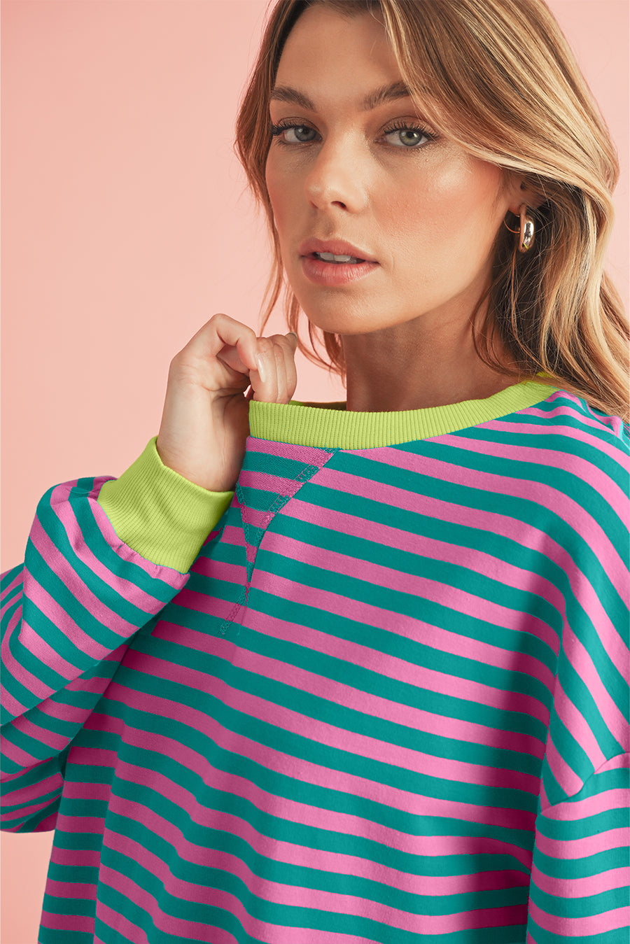 Striped Contrast Trim Oversized Sweatshirt- 4 Colors