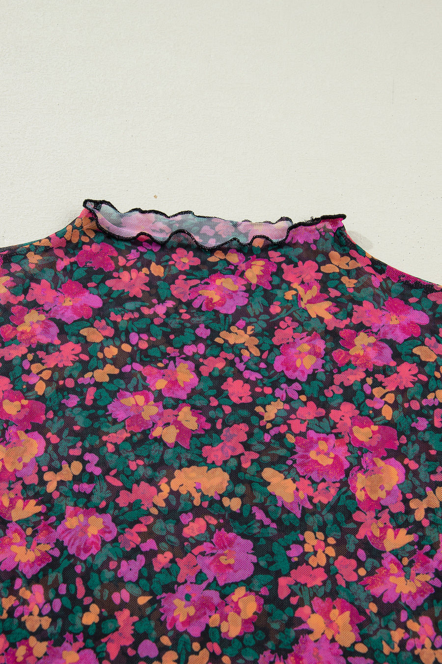 Black Floral Mesh Lettuce Trim Short Sleeve Blouse A
