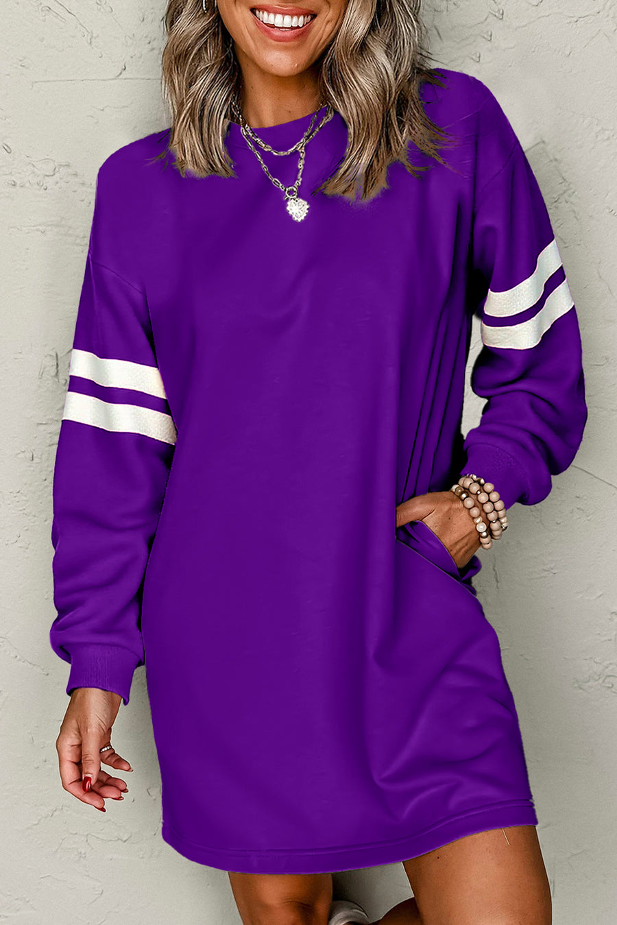 Varsity Striped Long Sleeve Loose Mini Dress with Pockets- 5 Colors