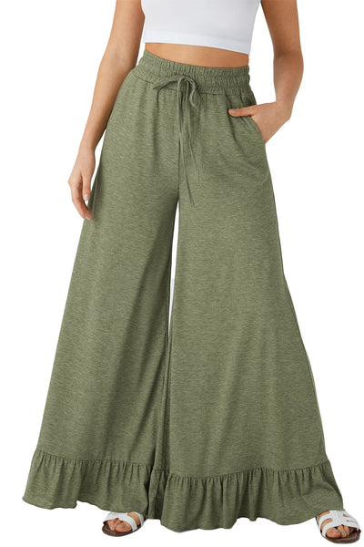 Jungle Green Solid Color Ruffle Hem Wide Leg Pants