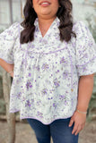 Plus Size Lavender Floral Frill V-Neck Blouse