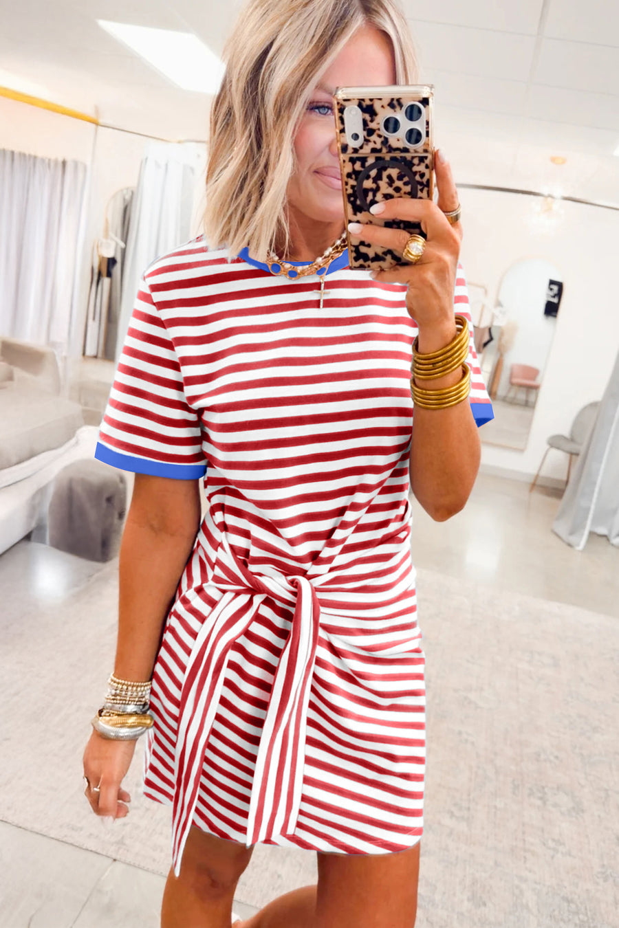 Striped Tie Front Contrast Trim Crew Neck T-Shirt Mini Dress- 3 Colors