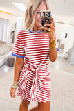 Striped Tie Front Contrast Trim Crew Neck T-Shirt Mini Dress- 3 Colors