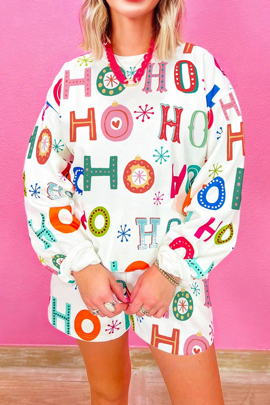 Pink Santa Claus Graphic Christmas Tree Long Sleeve Pajama Set- 2 Colors
