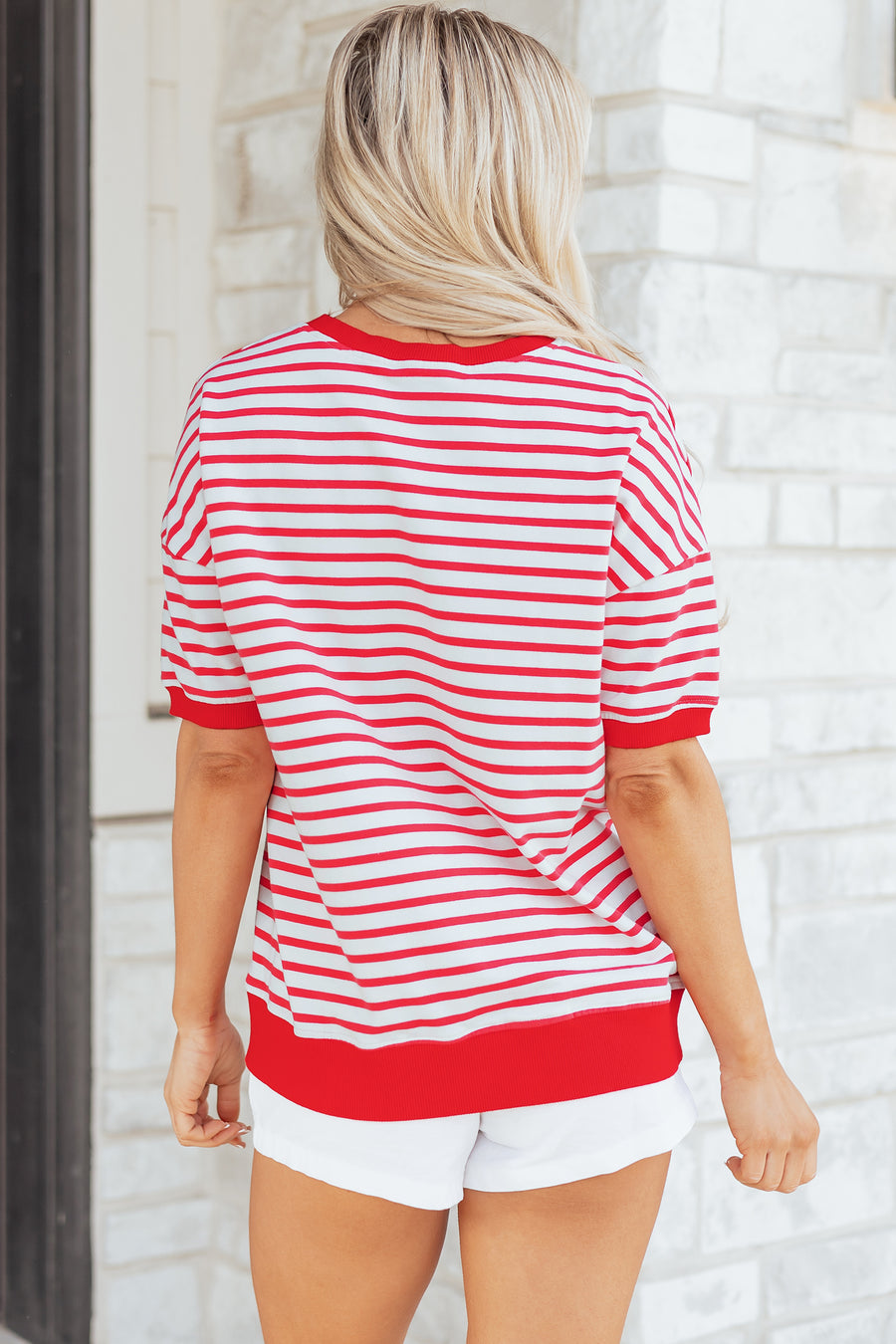 Red Striped Drop Shoulder Banded Short Sleeve T Shirt