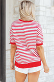 Red Striped Drop Shoulder Banded Short Sleeve T Shirt