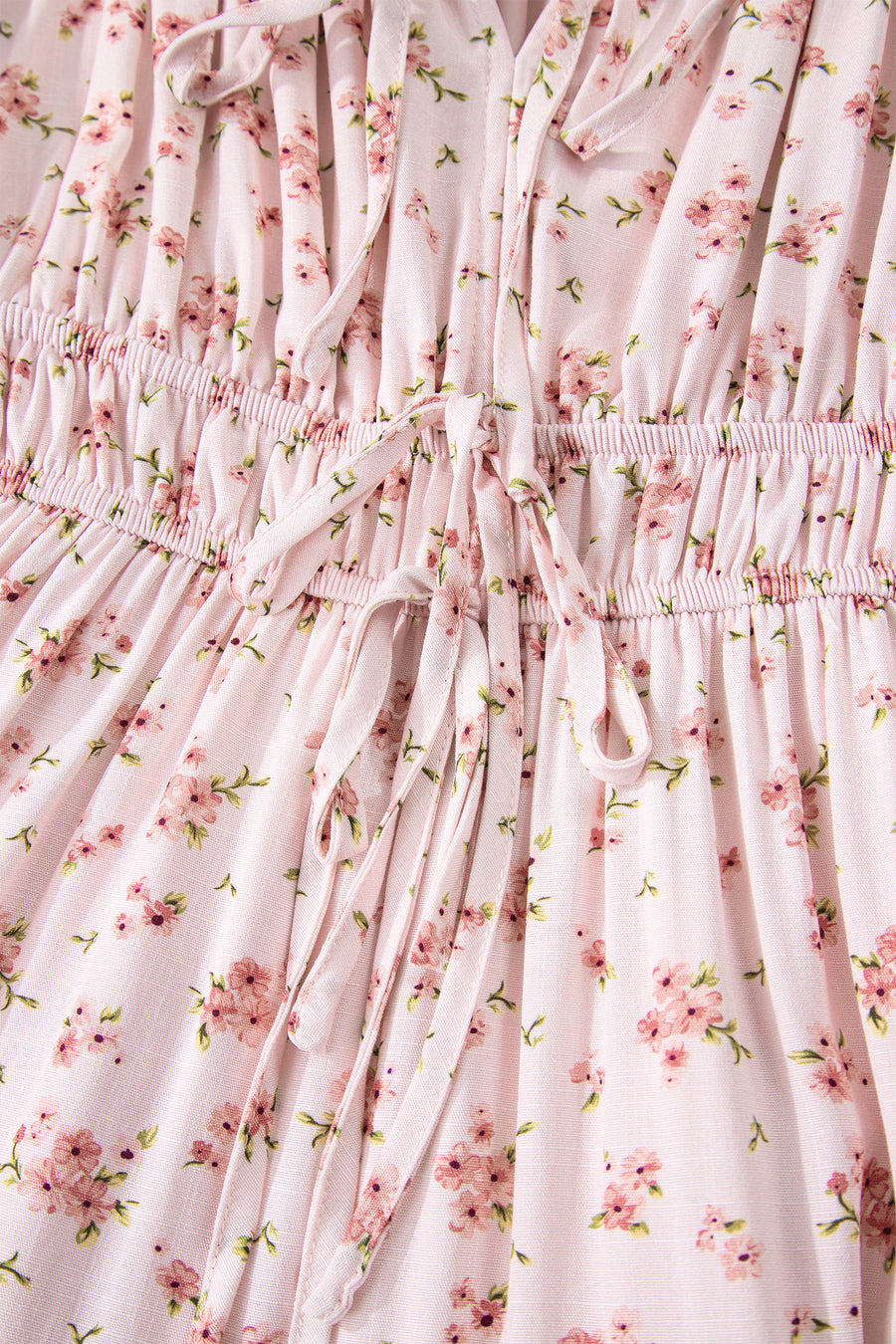 Pink Front Tie Shirred Waist Short Sleeve Ruffled Floral Mini Dress