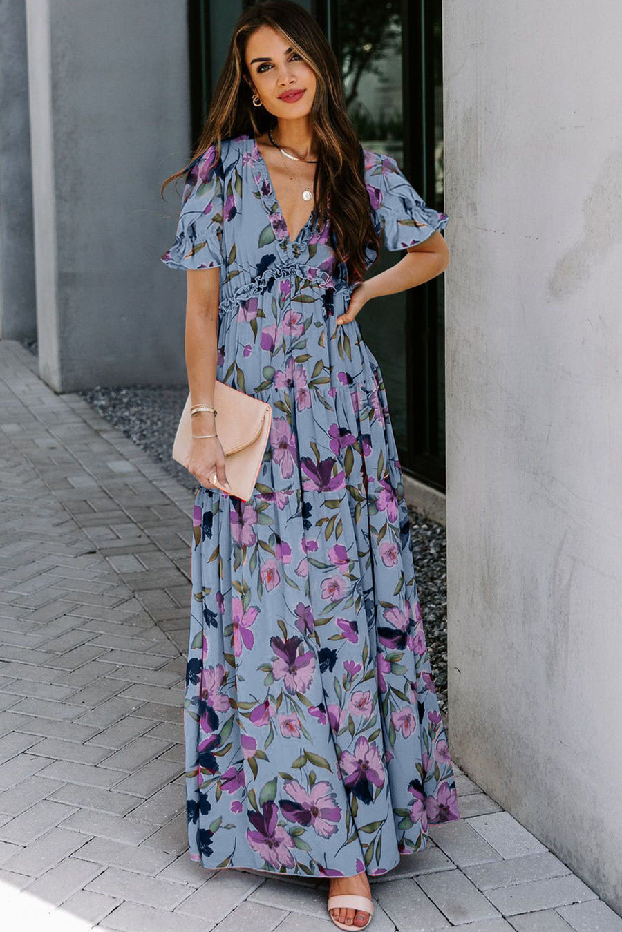 Dusty Blue and Purple Floral Print Frilled V-Neck Short Sleeve Maxi Dress