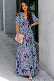 Dusty Blue and Purple Floral Print Frilled V-Neck Short Sleeve Maxi Dress