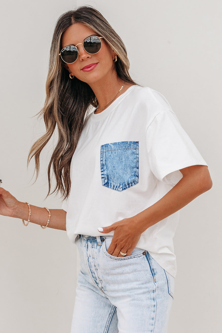 Printed Denim Chest Pocket Graphic T-Shirt- 2 Colors