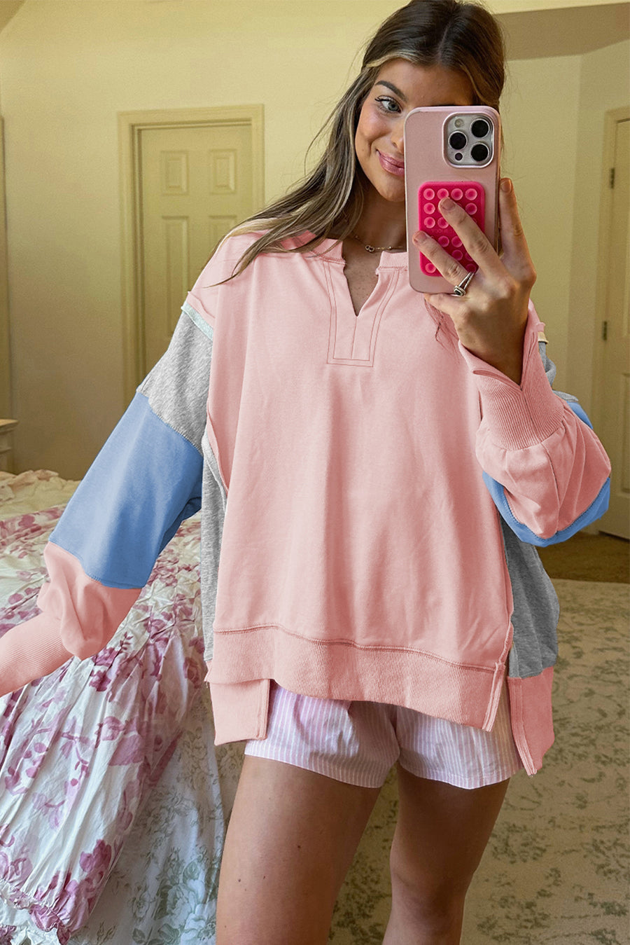 Apricot Pink Exposed Seam Colorblock Split Cuffs & Hem Oversized Sweatshirt
