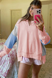 Apricot Pink Exposed Seam Colorblock Split Cuffs & Hem Oversized Sweatshirt