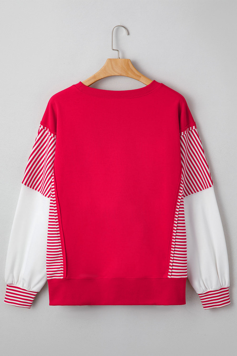 Red Sequin Hearts Striped Color Block Patchwork Drop Shoulder Crew Neck Sweatshirt 2