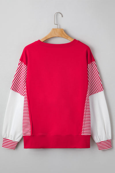Red Sequin Hearts & Striped Color Block Patchwork Drop Shoulder Crew Neck Sweatshirt 2