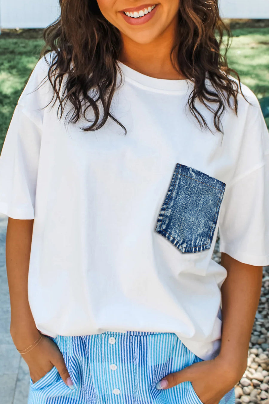 Printed Denim Chest Pocket Graphic T-Shirt- 2 Colors