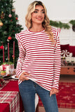 Red & White Striped Ruffle Shoulder Long Sleeve Top