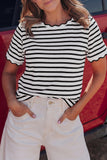 Striped Scalloped Trim Crew Neck Short Sleeve T-Shirt- 5 Colors