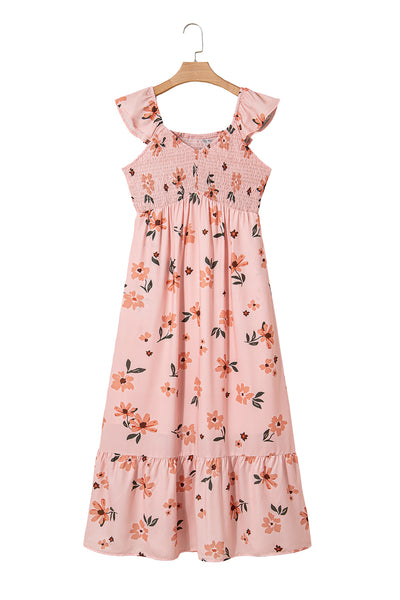 Pink Floral V Neck Smocked High Waist Ruffle Hem Maxi Dress
