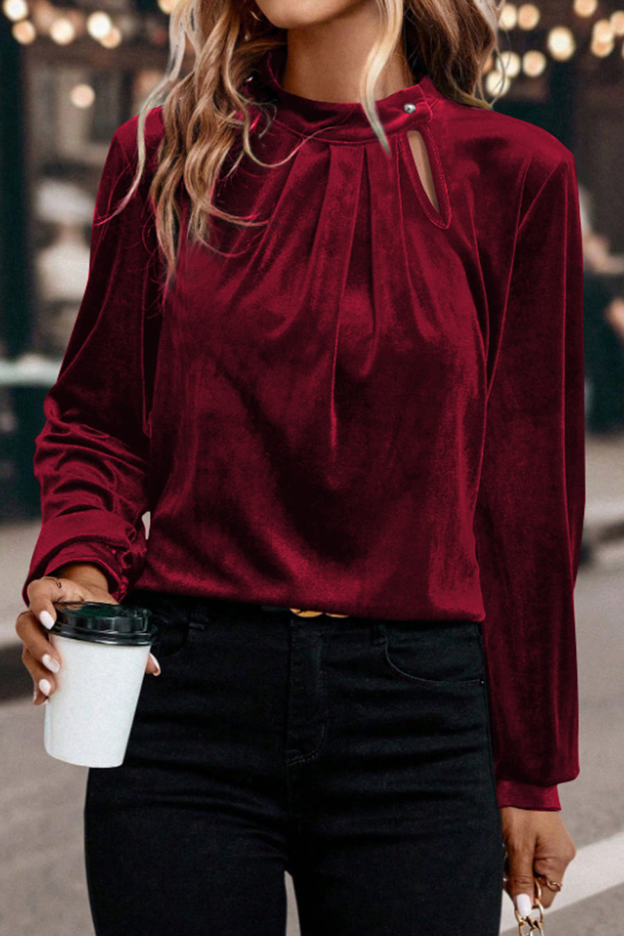 Velvet Asymmetric Button Keyhole Long Sleeve Blouse- 2 Colors