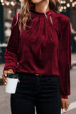 Velvet Asymmetric Button Keyhole Long Sleeve Blouse- 2 Colors