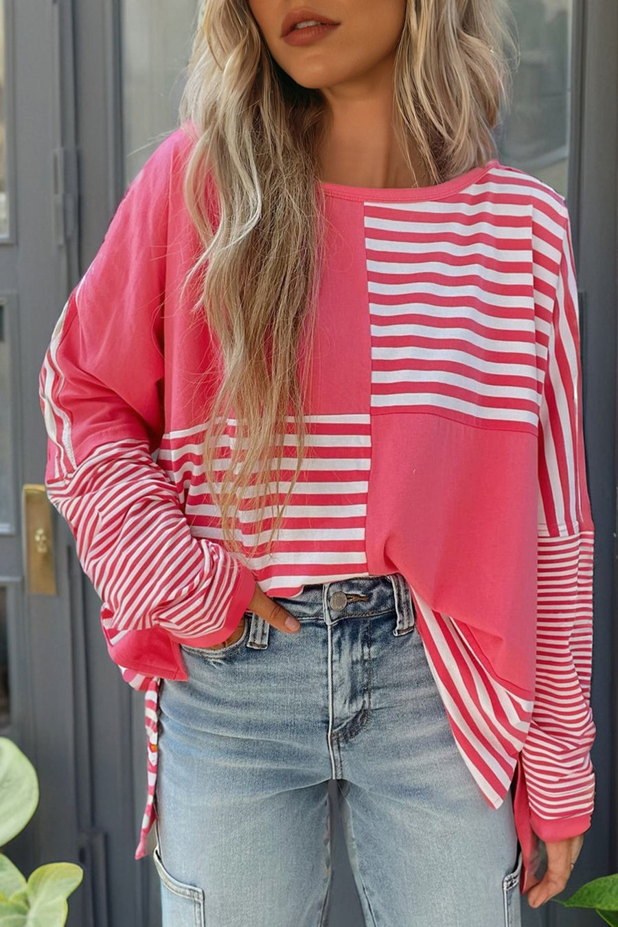 Pink Stripe Color Block Patchwork Drop Shoulder Long Sleeve High-Low Top