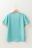 Green Lace Trim V Neck Short Sleeve Blouse