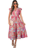 Pink Multi Floral Paisley Ruffle Sleeve Notch Neck Midi Dress
