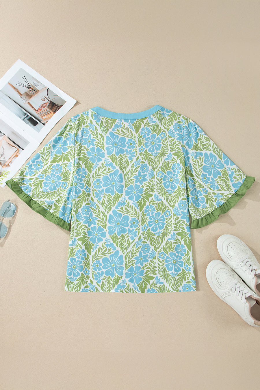 Rose Floral Print Ruffled Color Block Trim Half Sleeve Blouse