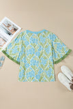 Rose Floral Print Ruffled Color Block Trim Half Sleeve Blouse