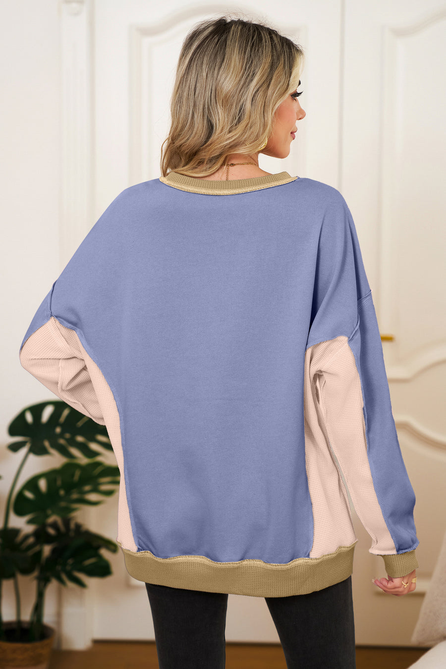 Color Block Waffle Knit Patchwork Oversized Sweatshirt- 3 Colors