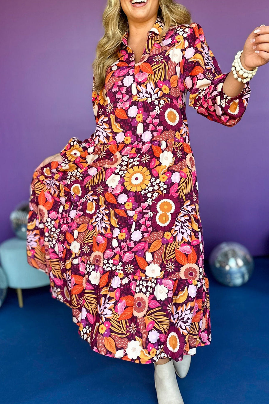 Purple and Orange Multi Floral Print Collared Tiered Flowy Long Sleeve Maxi Dress- 2 Colors