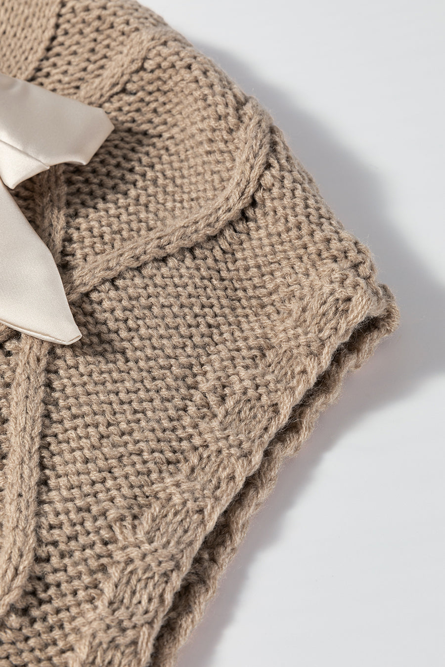 Taupe Satin Ribbon Lace-Up Short Sleeve Cable Knit Sweater