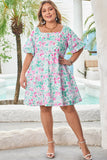 Plus Size White Floral Print Ricrac Trim Square Neck Mini Dress
