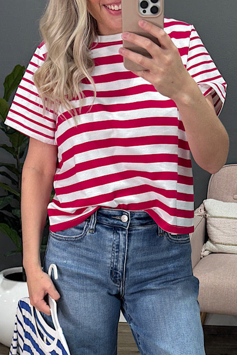 Red and White Striped Crew Neck T-Shirt